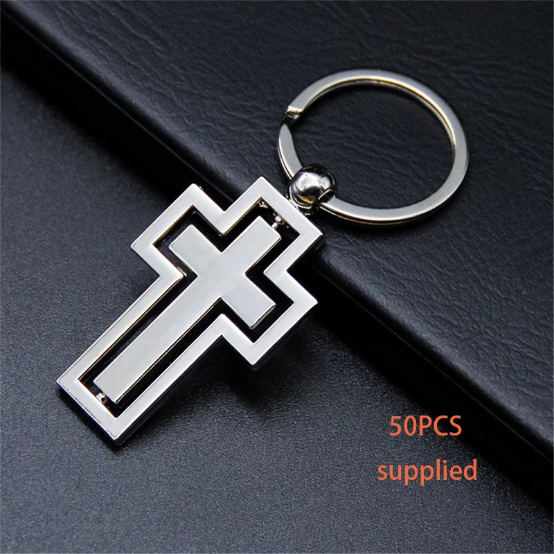 

50pcs Fashionable Simple Metal Cross Keychain Hollow 360 Degree Rotating Keychain Christian Gift Pendant Supplied