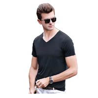 mens summer casual wild ice silk seamless cut solid color v neck t shirt fashion comfortable breathable business short sleeved