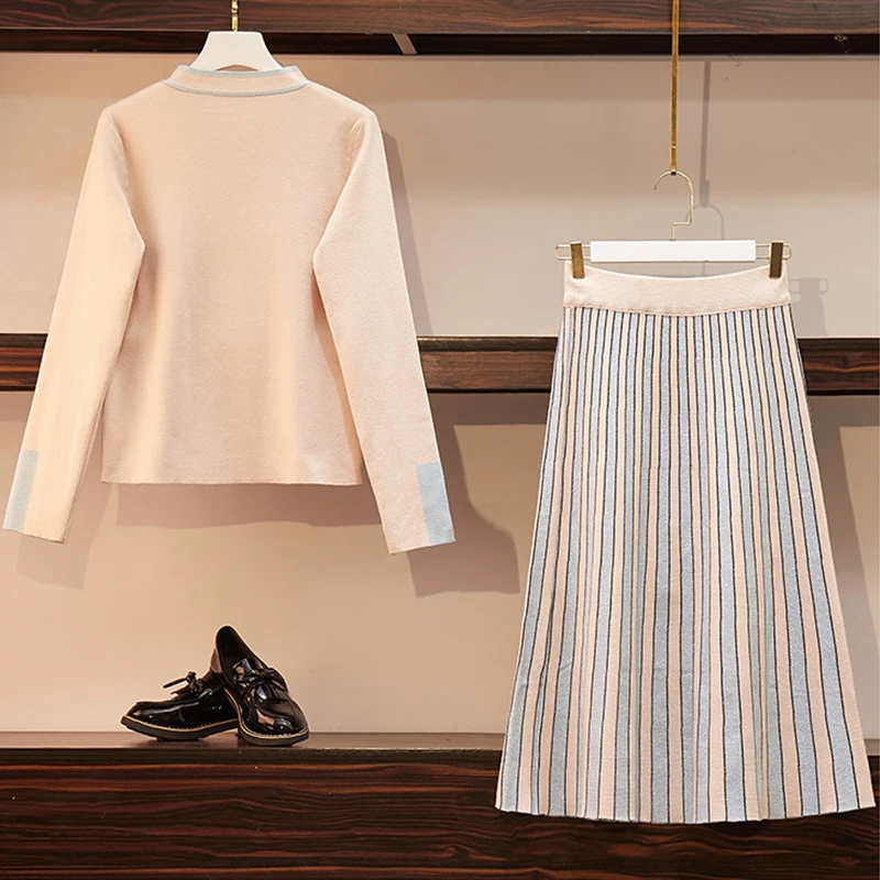 Женский комплект из 2 предметов размера плюс осенне-зимнее Полосатое платье с