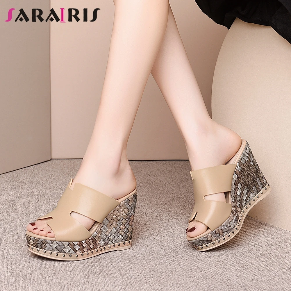 

SARAIRIS High Wedges Slides Women Summer Casual Platform Slippers Ladies Luxury Summer Genuine Leather Shoes