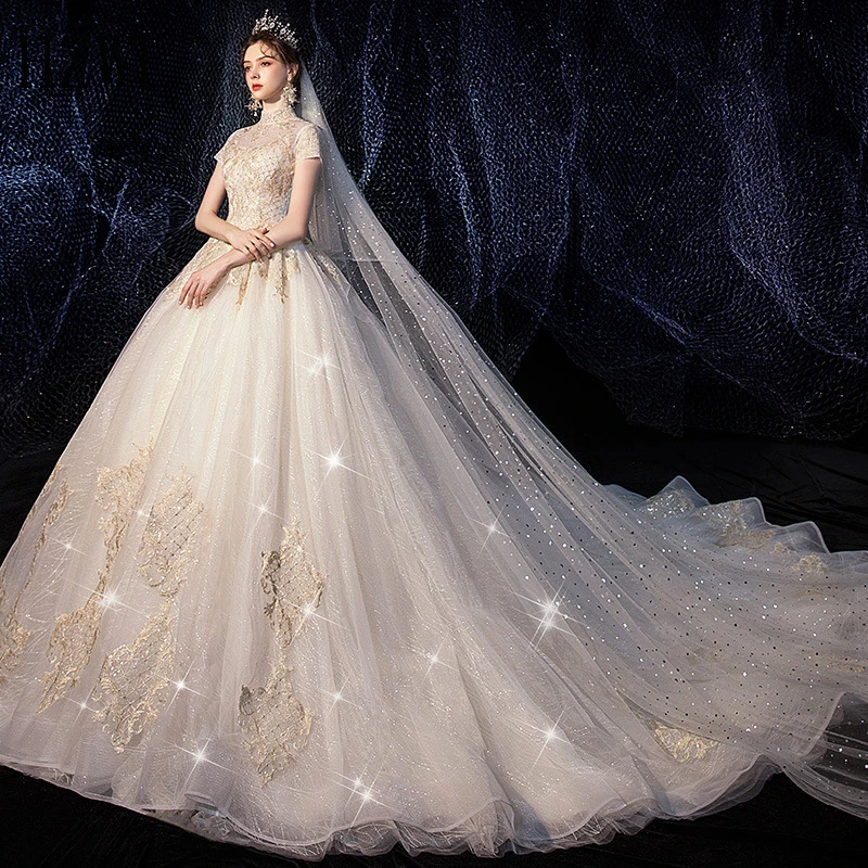 

Luxury High Neck Gold Lace Women Ball Gown Wedding Dress with Shiny Veil Applique Short Sleeve Bride Dresses vestidos de novia
