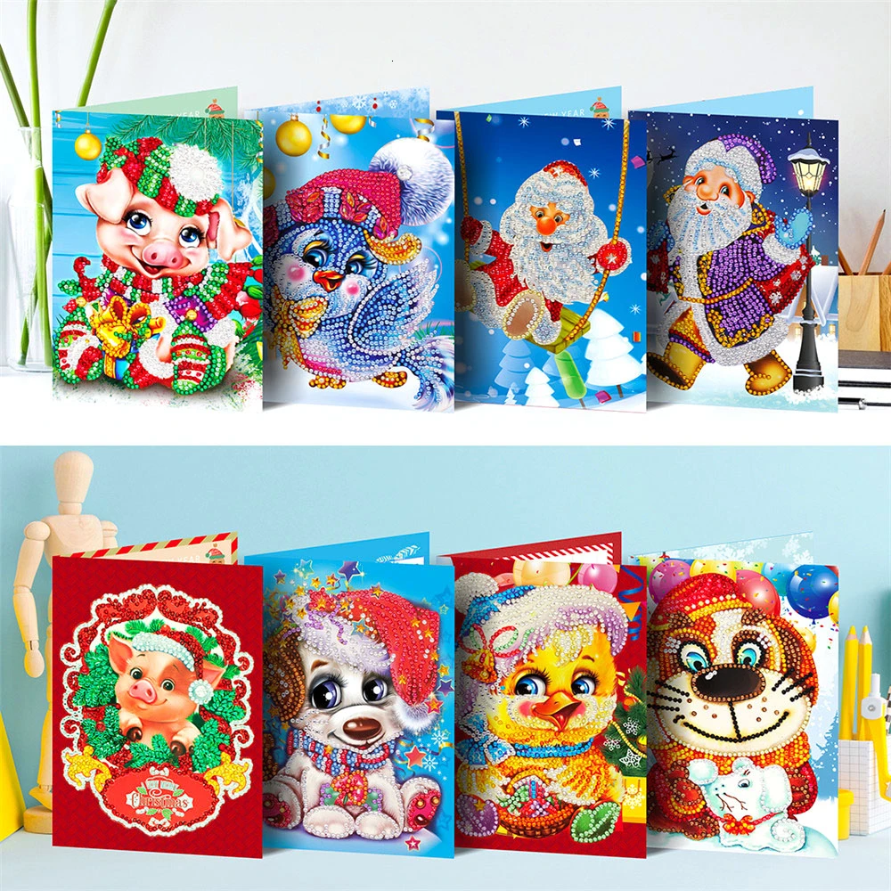

8PCS Christmas Card DIY Diamond Painting Cartoon Santa Claus Deer Diamond Embroidery Kit Cross Stitch Mosaic Art Christmas Gift