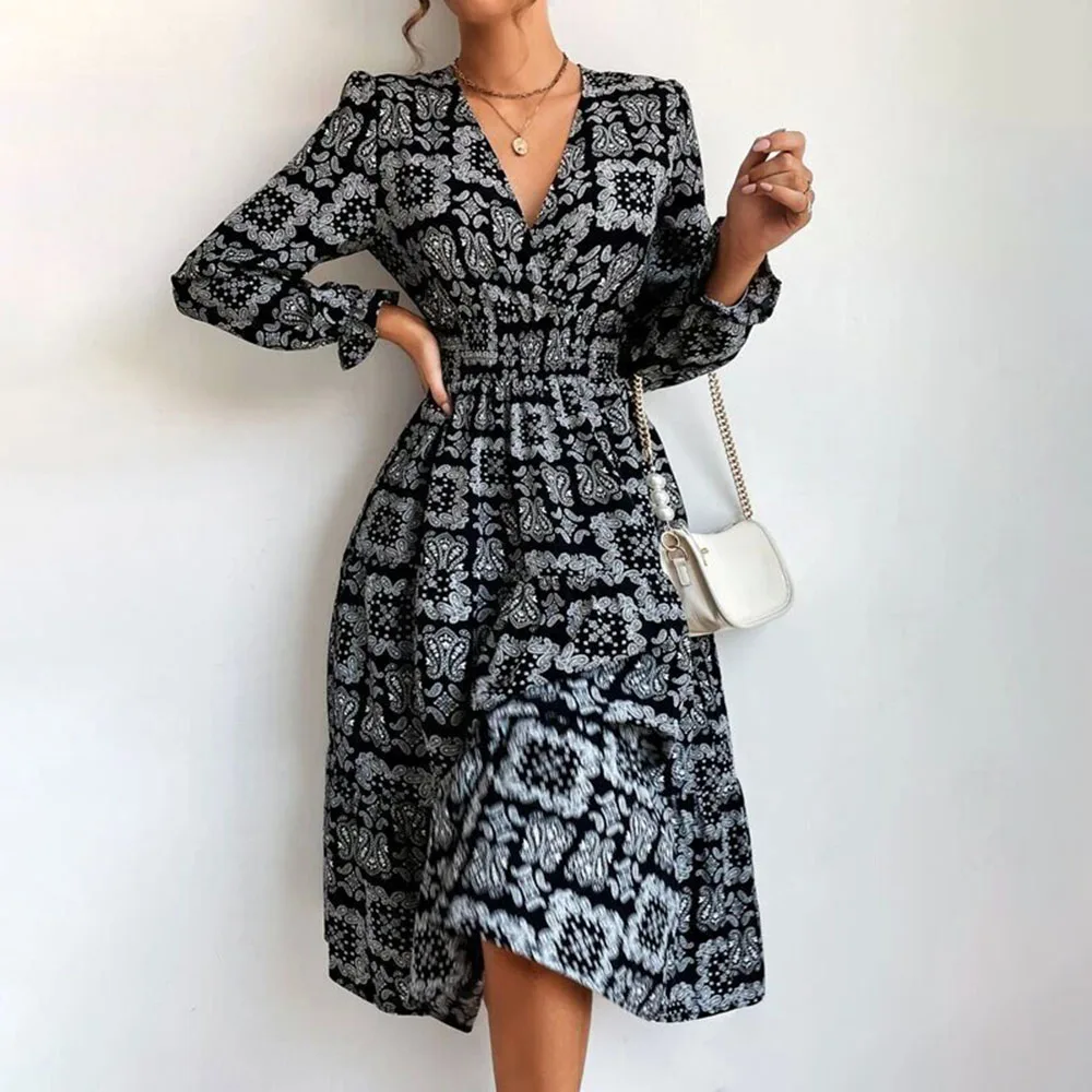 

Casual White Long Sleeve Print Midi Dress Woman Autumn V-neck Elastic Waist Dresses For Women 2021 Black Slim Vintage Robe Femme