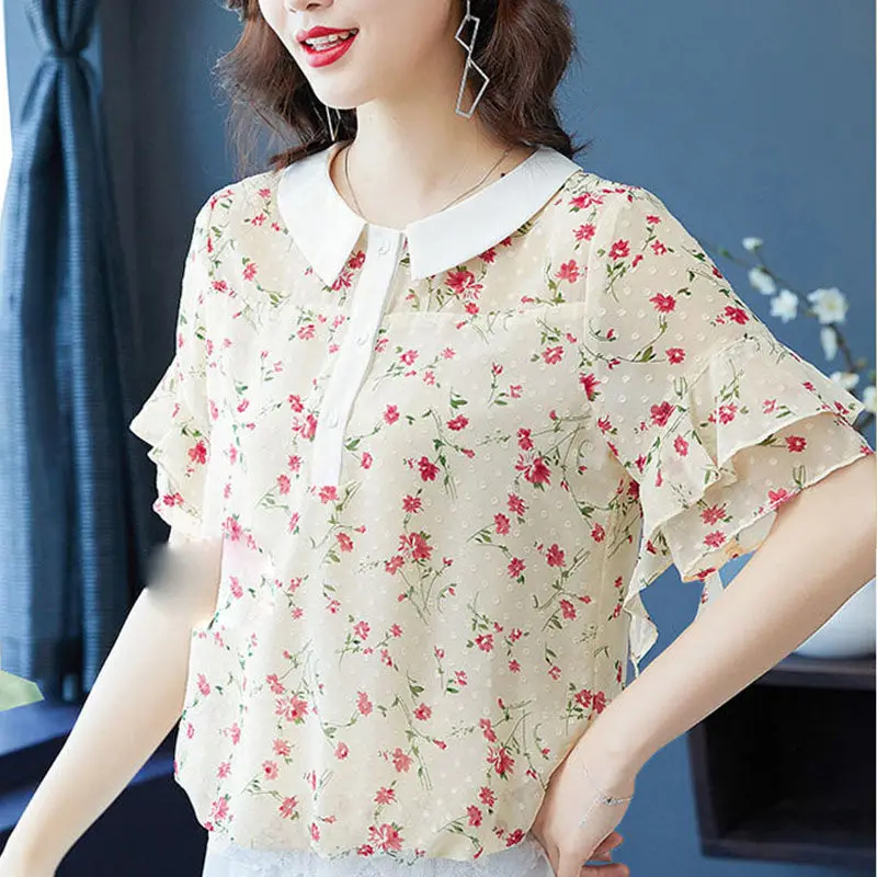 

Women's Spring Summer Style Chiffon Blouse Shirt Women's Button Printed Short Sleeve Ruffles Elegant Loose Tops SP1082