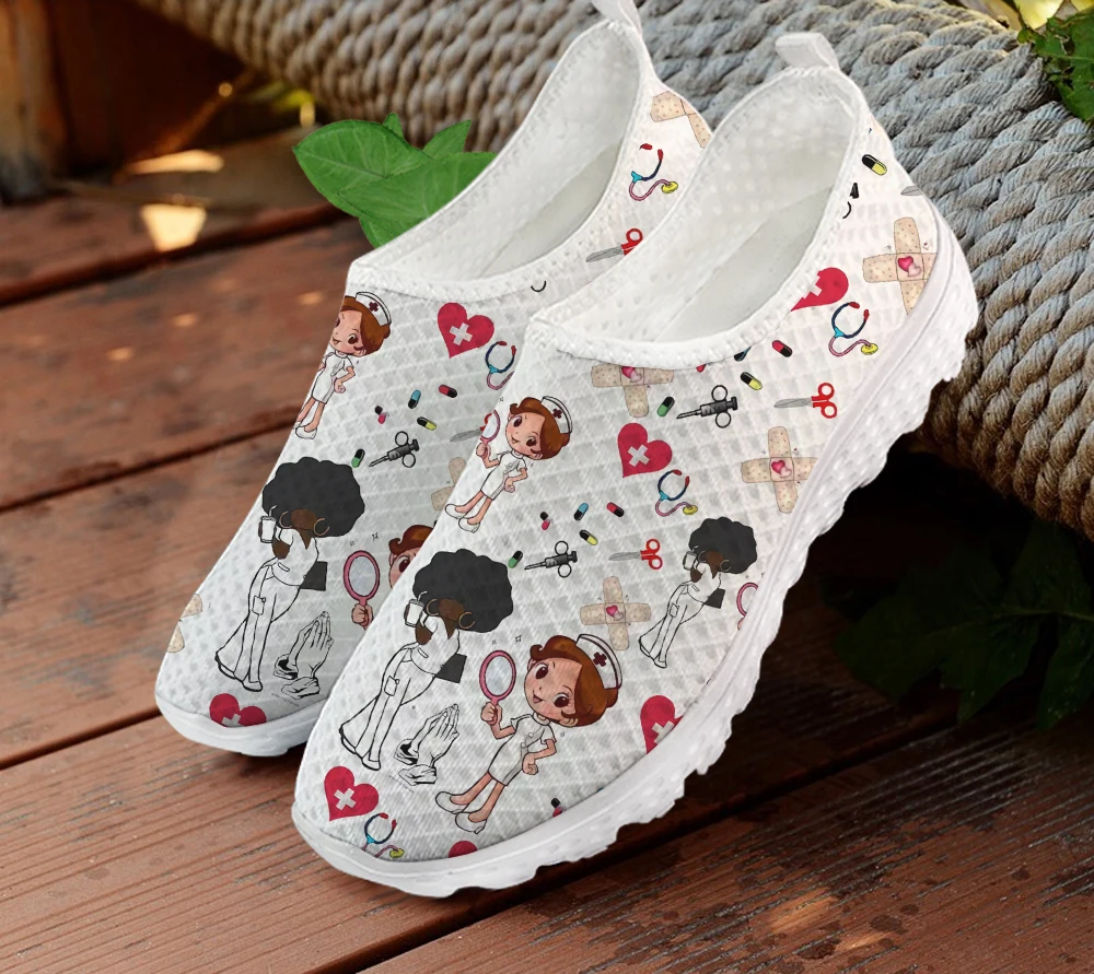

ELVISWORDS Brand Designer African Girl Cartoon Nurse Pattern Ladies Flat Shoes Summer Air Mesh Sneaker for Women Slip-on Zapatos