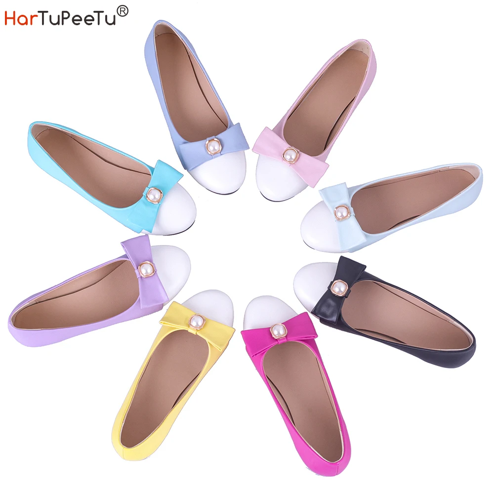 

Autumn Ballet Flats 2023 Women PU Leather Lady Casual Shoes Men Size 31~51 Candy Colours Blcok Bead Bow Decorate Driving Loafers