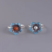 burnt blue south red ring female s925 sterling silver vintage chinese flower blooming rich open ring cloisonne pearl ornament