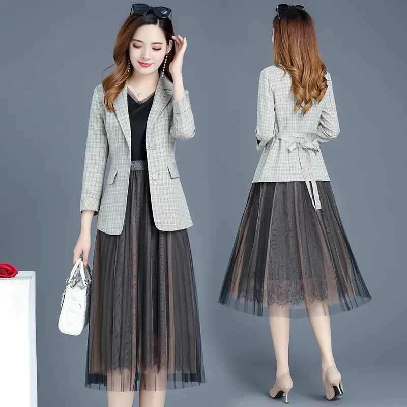 Женский винтажный костюм из 2 предметов Элегантный Тонкий Блейзер и Сетчатое