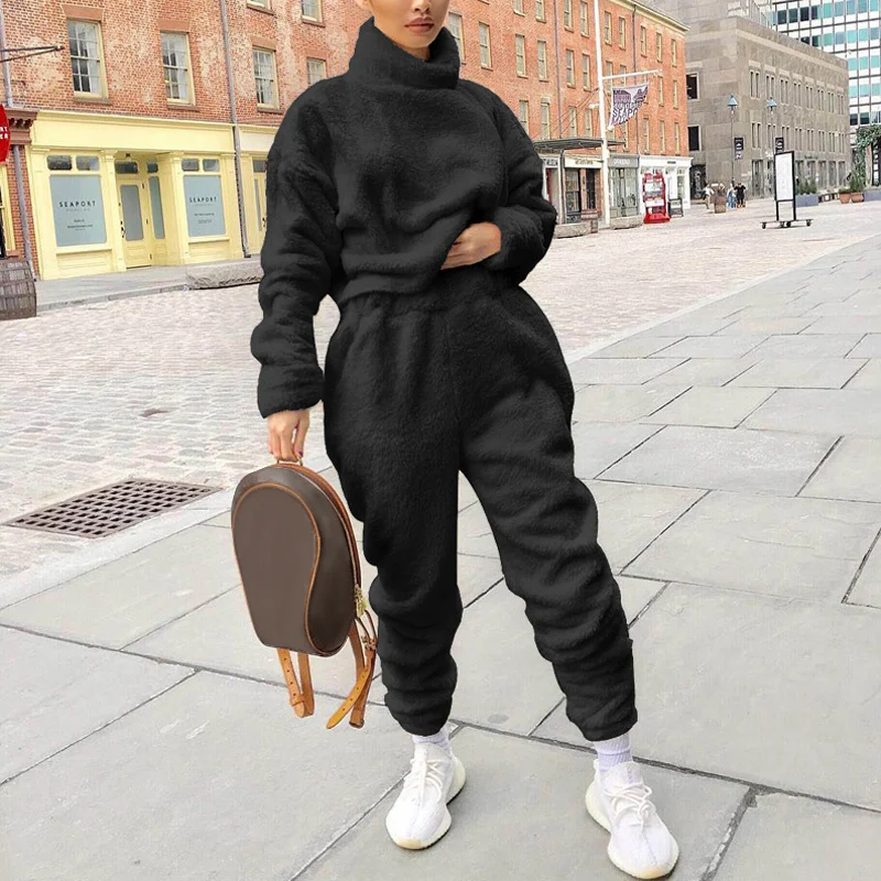 

2021 Female Outfit Suit Loose Casual Sets Autumn Plush Turtleneck Solid Sweatshirt High Waist Warm Two Piece Set Women