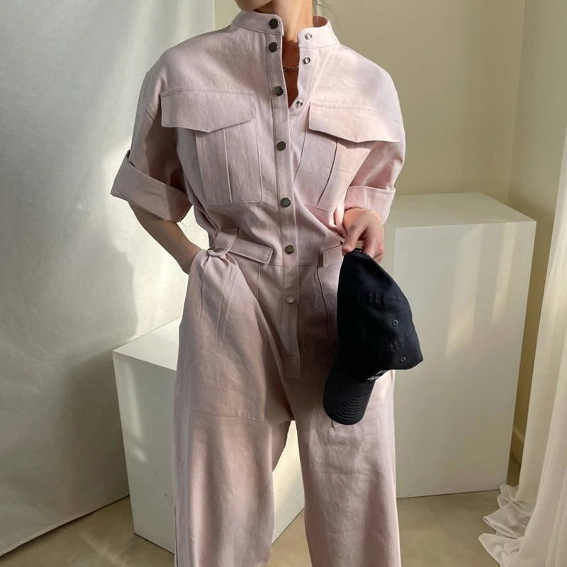 

Women Jumpsuits 2021 Summer Korea All-Match Lapel Single-Breasted Multi-Pocket High Waist Loose Overalls Jumpsuit