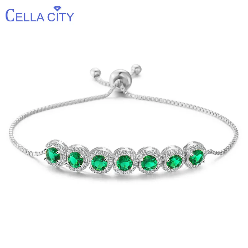 

Cellacity Round Emerald Gemstones Bracelet for Women Simple Design Geometry Silver 925 Jewelry Rose Gold Color Length Adjustable