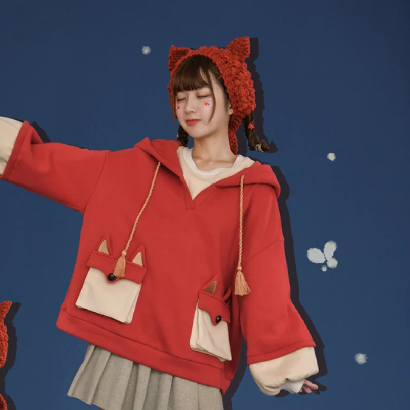 

Harajuku Aesthetic Fox Anime Hoodie Women Korean Kawaii Oversized Streetwear Kpop Fall Winter Christmas Couple Clothes Tops 2021
