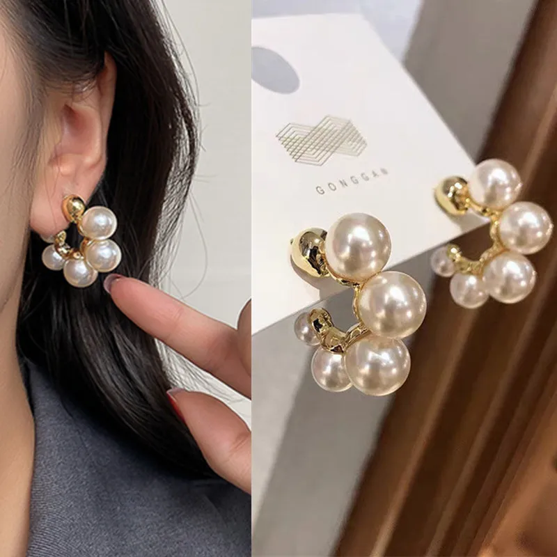 

2021 New Vintage Japan Korean Hoop Earrings For Women Handmade Sweet Simulated Pearl Circle Jewelry Pendientes Gifts