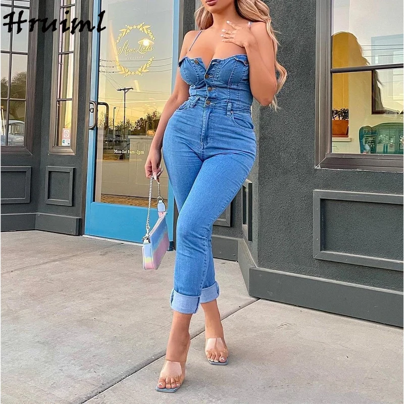 

Hot Sale Jumpsuit Woman Summer Blue Denim Wholesale Suspender Bodysuit Women Off Shoulder Button Pockets Fashion Overalls 2022