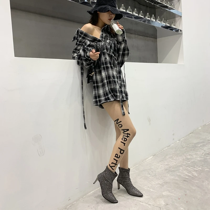 

Women Sexy Ultra-Thin Sheer Tattoo Tights Letter Print Silky Stockings Pantyhose