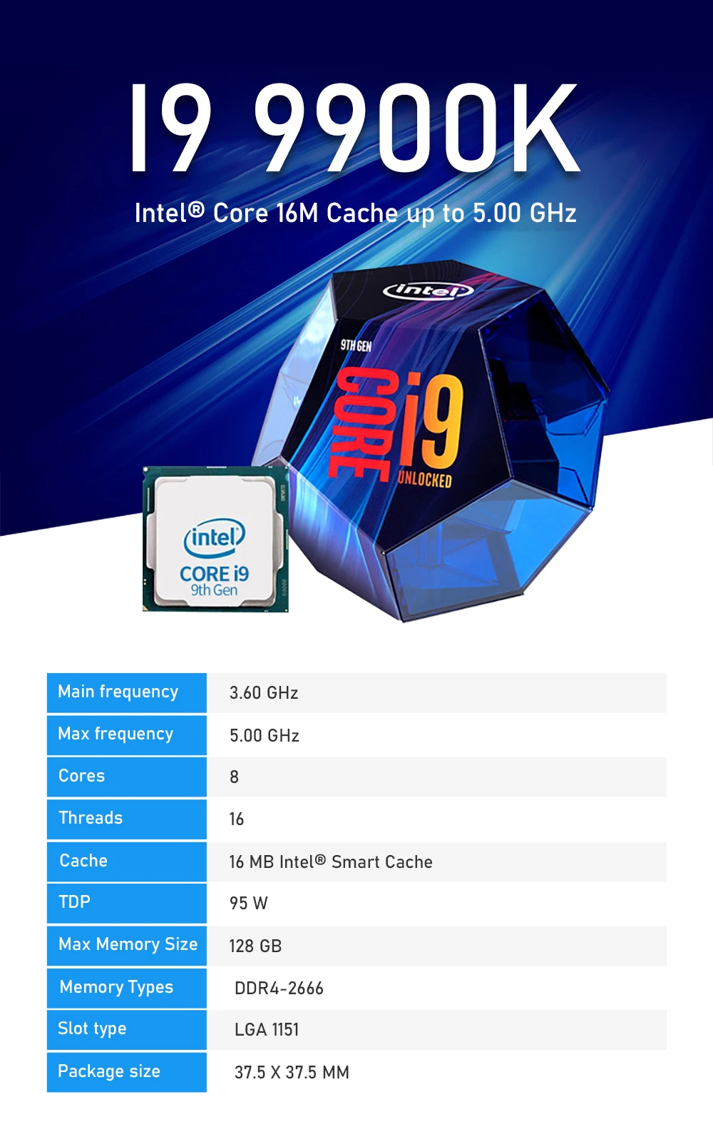 Intel Core i9-9900K настольный процессор 8 ядер до 5,0 ГГц Turbo разблокированный LGA1151 300 серия 95 Вт процессор