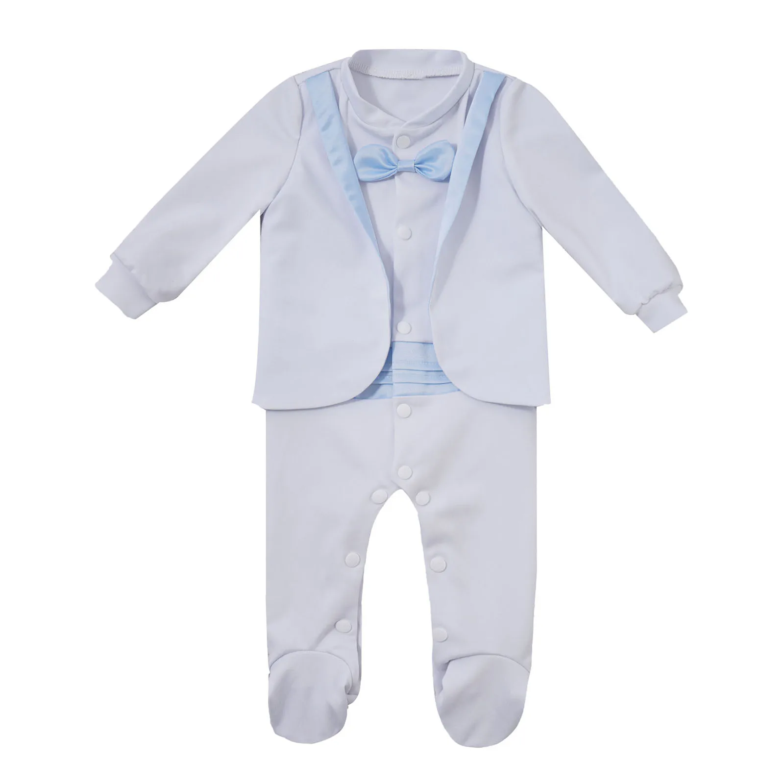 

Baby Boy Formal Romper Long Sleeves Gentleman Tuxedo Suit Footie Christmas Holiday Outfit with Bow Tie Jumpsuit