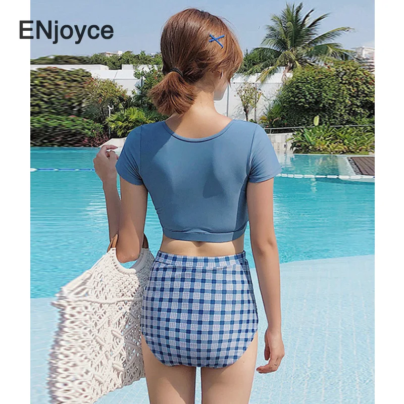 Split Short Sleeve Cropped Top Bikini 2 Piece Set 2021 Sexy Cover Up Swimsuit Women Swimwear Swimming Bathing Suit Beach Wear