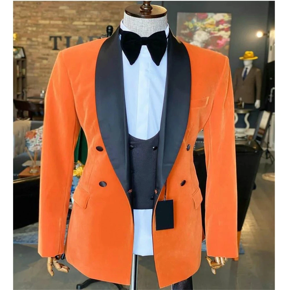New Orange Men Suits Black Lapel Costume Homme Wedding Groom Tuxedos Terno Masculino Slim Fit Prom Blazer 3 Pcs Jacket+Pant+Vest