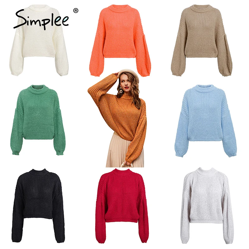 Simplee Winter lantern sleeve knitted sweater pullover Women loose O-neck solid Female autumn casual jumper new | Женская одежда