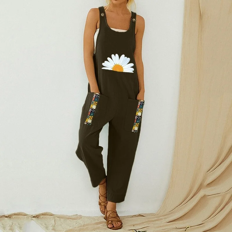 

Women Daisy Printed Jumpsuits Summer Sleeveless Casual Plus Size Strap Playsuits Pocket Loose Indie Print Boho Rompers Homewear