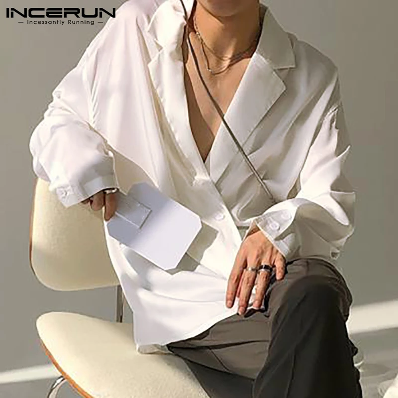

Рубашка INCERUN 7 мужская с отложным воротником, модная однотонная уличная одежда в Корейском стиле, с длинным рукавом, свободная футболка на пу...
