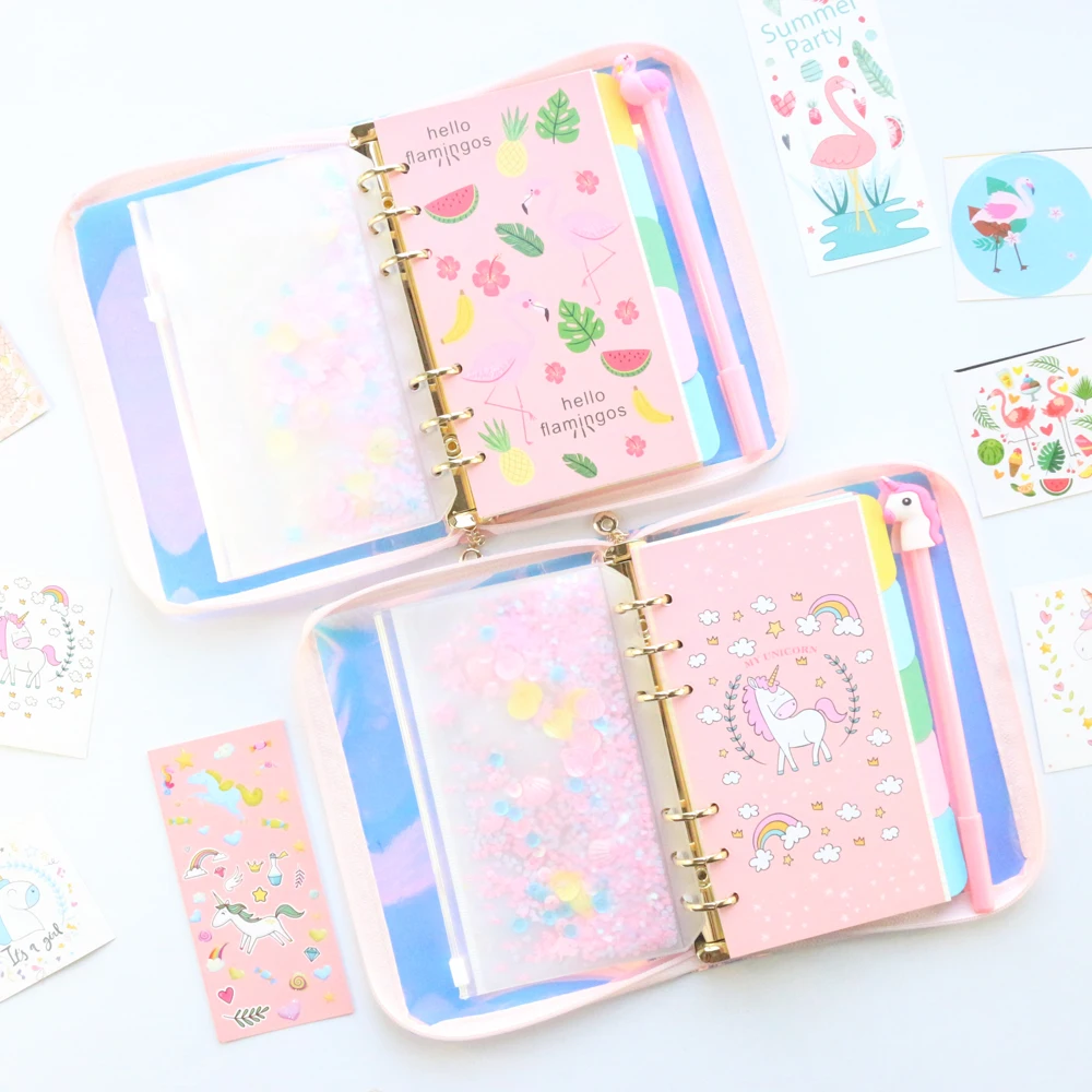 Domikee cute laser transparent PVC zipper refillable binder spiral notebooks kawaii office school unicorn notebook stationery A6 |