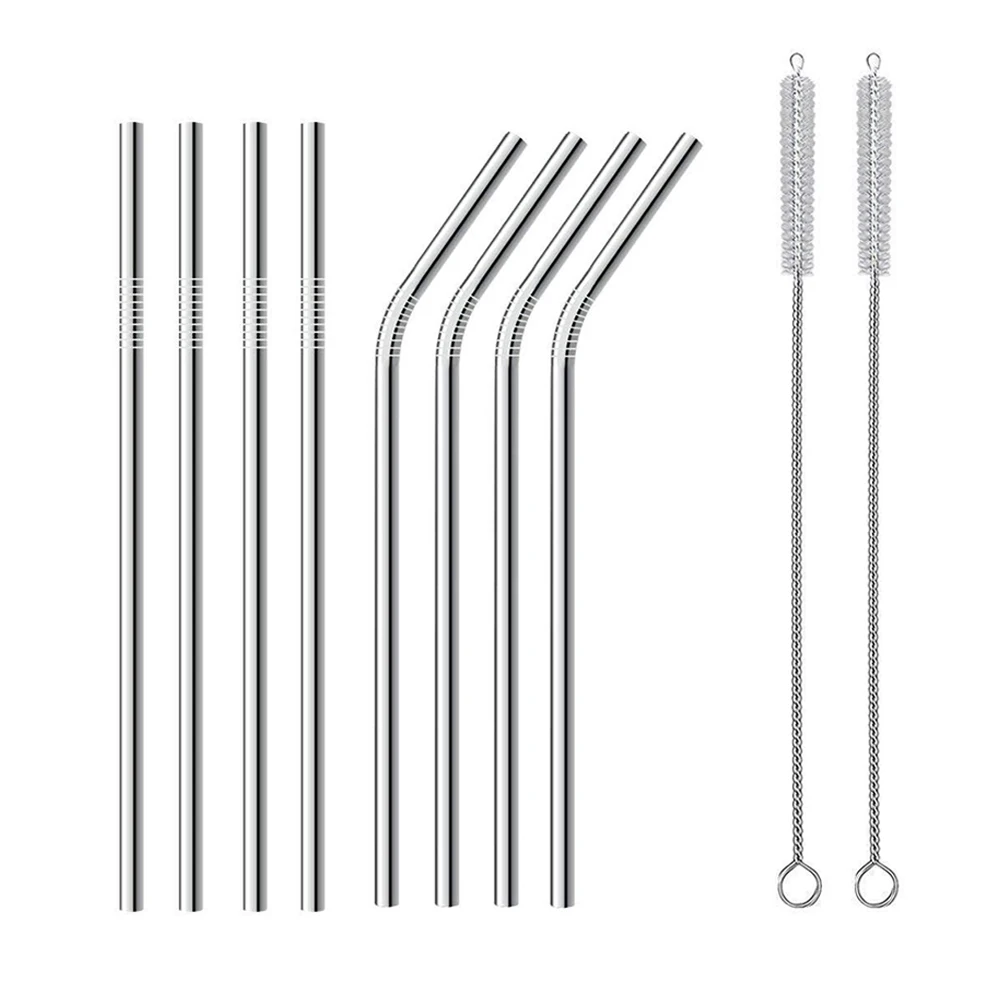 8pcs 2brush Аксессуары для бара, портативная складная многоразовая щетка для чистки, металлические стальные соломинки для питья, вечерние, изогнутые, для путешествий, силиконовый чехол - Цвет: 8pcs 2brush