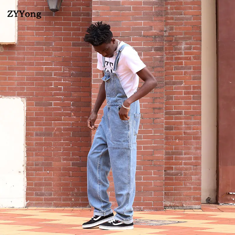Spring Overalls Men's Bib Jeans Denim Jumpsuit Large Pocket Loose Workwear Hip Hop Street Wear Retro Light Blue Pants Trousers