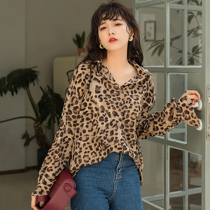 Винтажная леопардовая рубашка женская Свободная блузка с отворотом и длинным