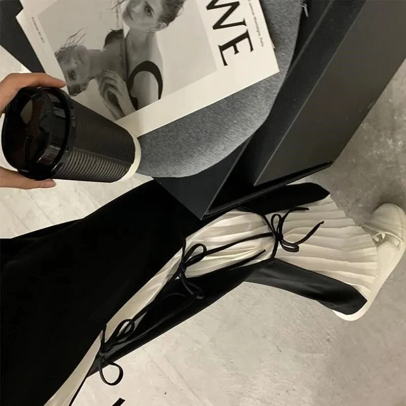 

Casual Pleated Spliced Wide Leg Trousers Female Joggers Women High Waist Streetwear Drawstring Baggy Patchwork Straight Pants