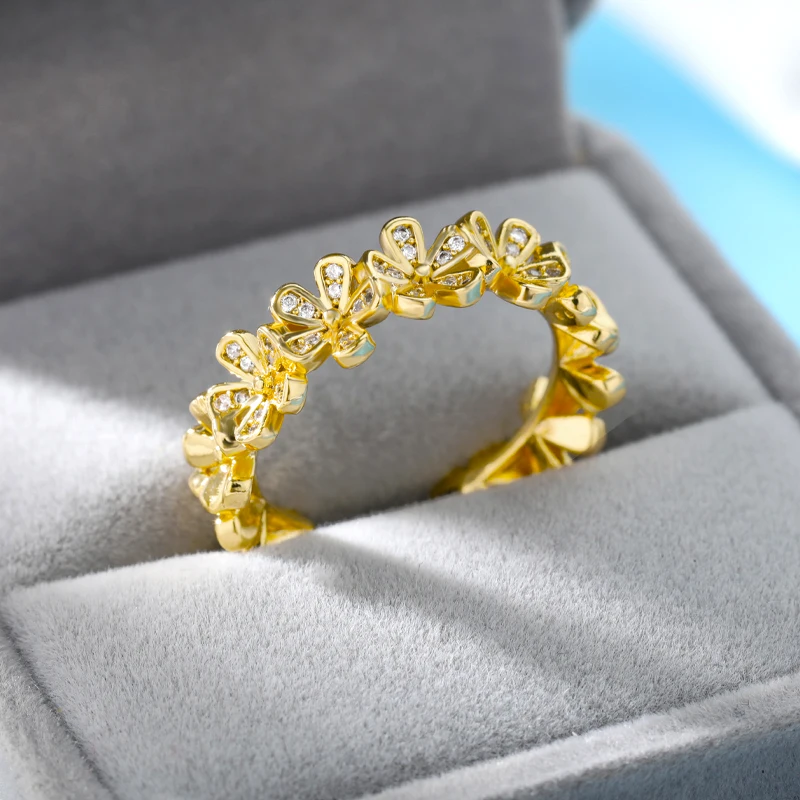 

RXSMll Zircon Flower Rings For Women Gold Silver Color Stainless Steel Open Adjustable Female Engagement Wedding Party Jewelry