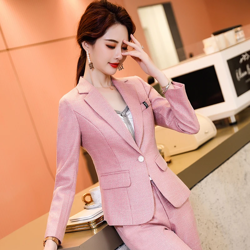 

2 Piece Set Women Suits Plaid Formal Pant Suit Long Sleeve Blazer Office Lady Designs Women Jacket and Ankle-Length Pant Pink