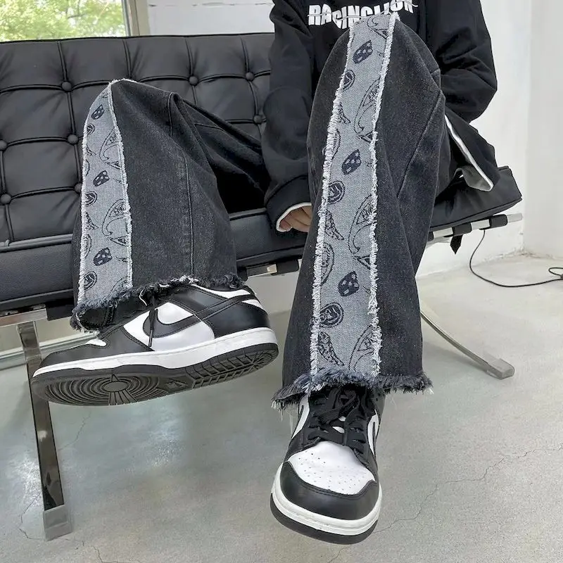 

Jeans Men Raw Edge Cashew Flower Stitching Pants Autumn Winter Straight Wide-leg Pants Hong Kong Style Loose Casual Trousers