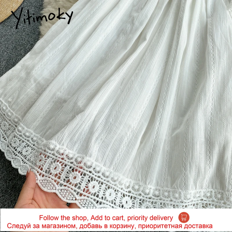 

Yitimoky Elastic High Waist Dresses Women Hollow Out Flare Sleeve V-Neck A-Line Bohemian 2021 Summer Clothing Korean Fashion New