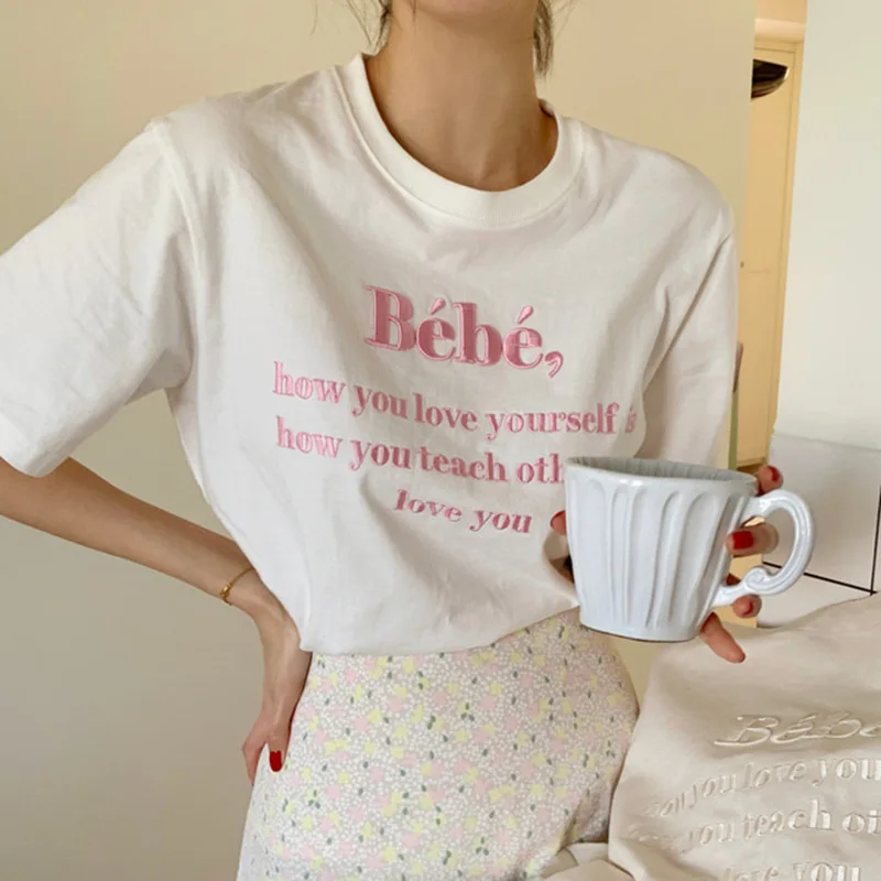 

Пуловер с круглым вырезом, футболка с коротким рукавом, женская Свободная Повседневная футболка с буквенным принтом, Новинка лета 2021, хлопк...