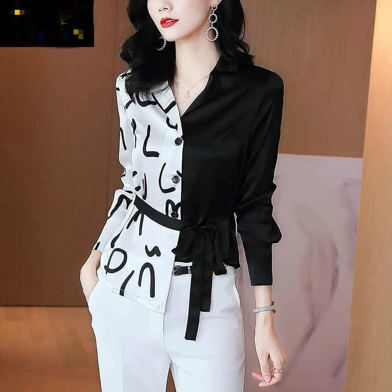 2021 New Spring Autumn Women Personality Black And White Patchwork Lace Up Shirts Female Turn Down Collar Irregular Blouses M135