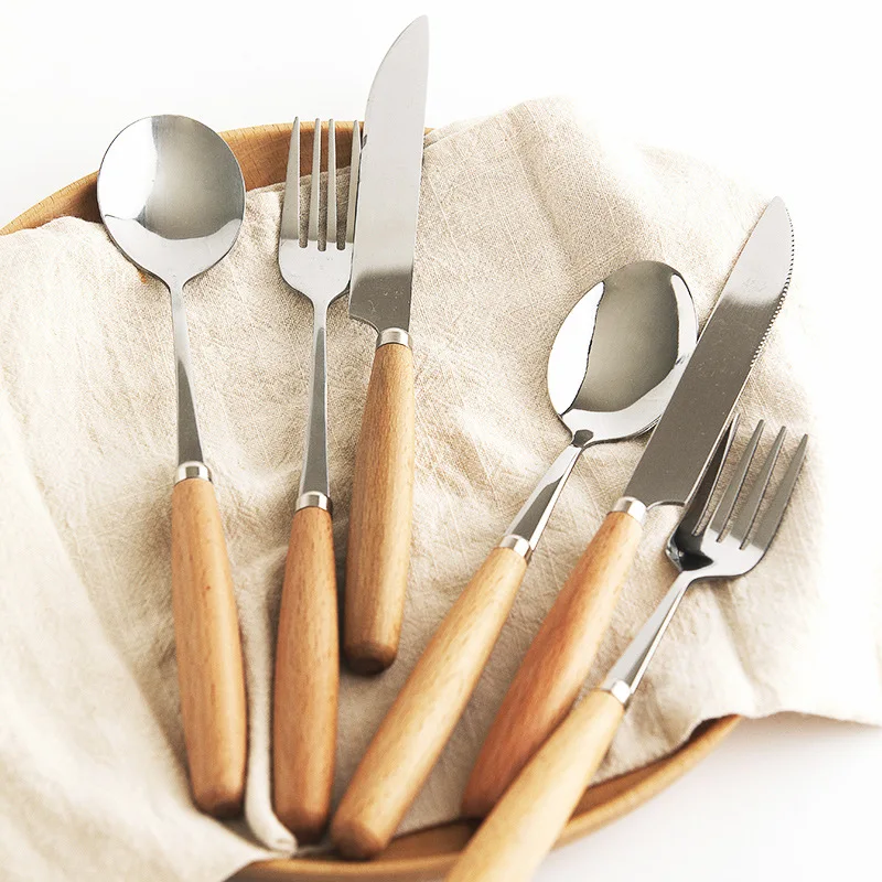 Креативная посуда с деревянной ручкой столовые приборы из нержавеющей стали в