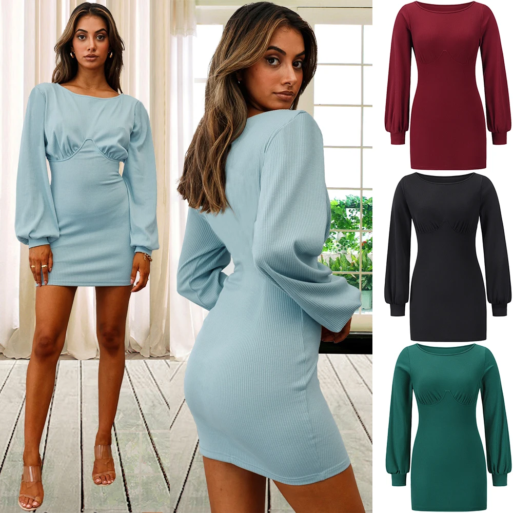 Женское трикотажное платье-свитер с длинным рукавом в рубчик | Женская одежда