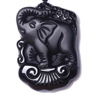 men necklace pendant black obsidian carved long nosed elephant pendant gift for women fine jewelry free chain