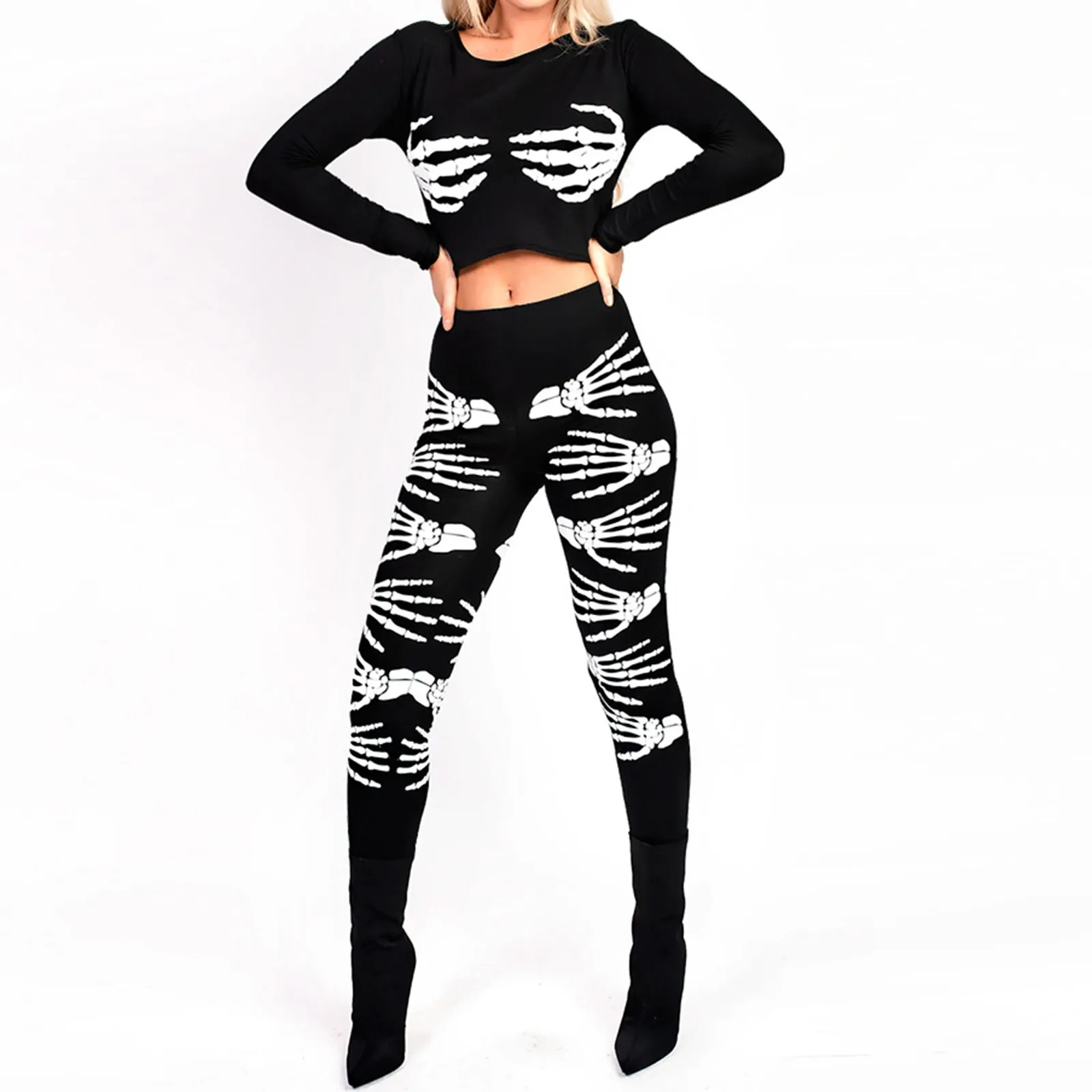 

Fashion Casual Streetwear Pant Suit Women's Suit Skull Print Halloween Long-sleeved Belly Button Trousers Женский Костюм #01