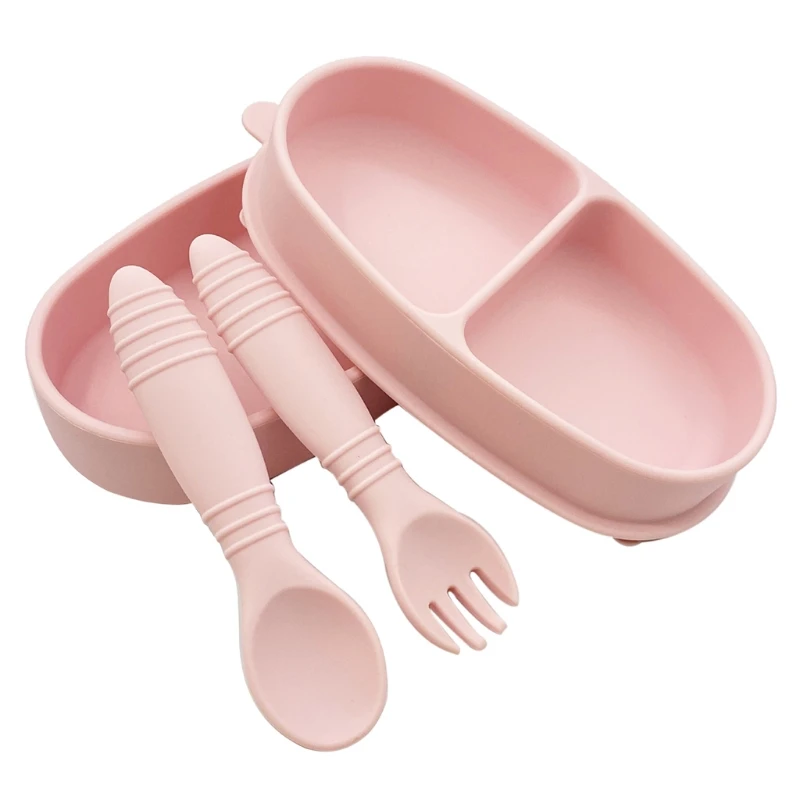 

Baby Training Feeding Food Bowl Spoon Fork Set Anti Slip Silicone Suction Divided Plate Tray BPA-Free Dishes Tableware for DXAD