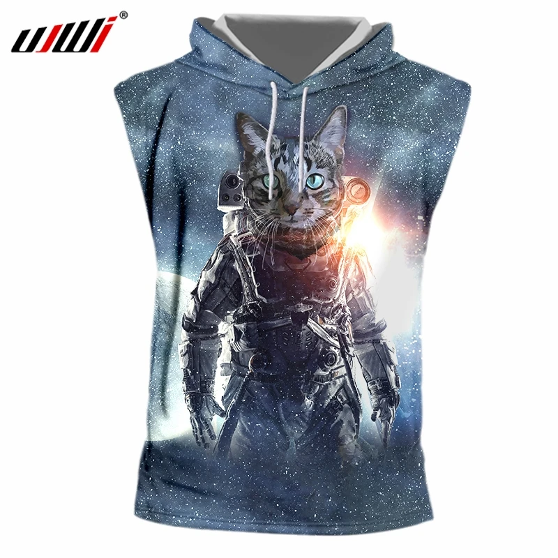 

Мужская свободная майка UJWI с принтом звездного неба, астронавта, кошки, 3D принт, забавная майка с коротким рукавом и капюшоном, большой разме...
