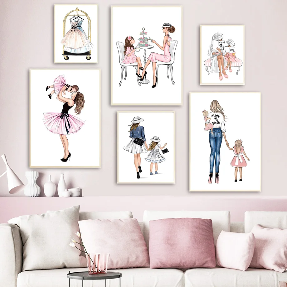 

Mother Baby Girl Dress Coffee Cake Book Nordic Posters And Prints Wall Art Canvas Wall Pictures For Living Room DecorPainting