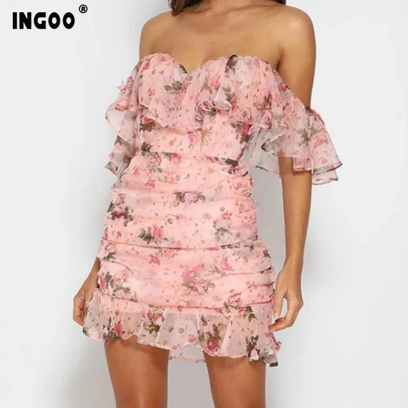 Женское мини платье с оборками открытыми плечами и цветочным принтом|Женские