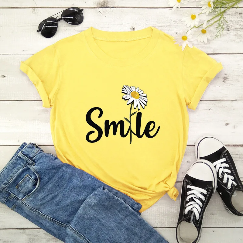

Women T Shirt Smile Daisy Print Tshirt Women Short Sleeve O Neck Loose T-shirt Ladies Summer Causal Tee Shirt Clothes