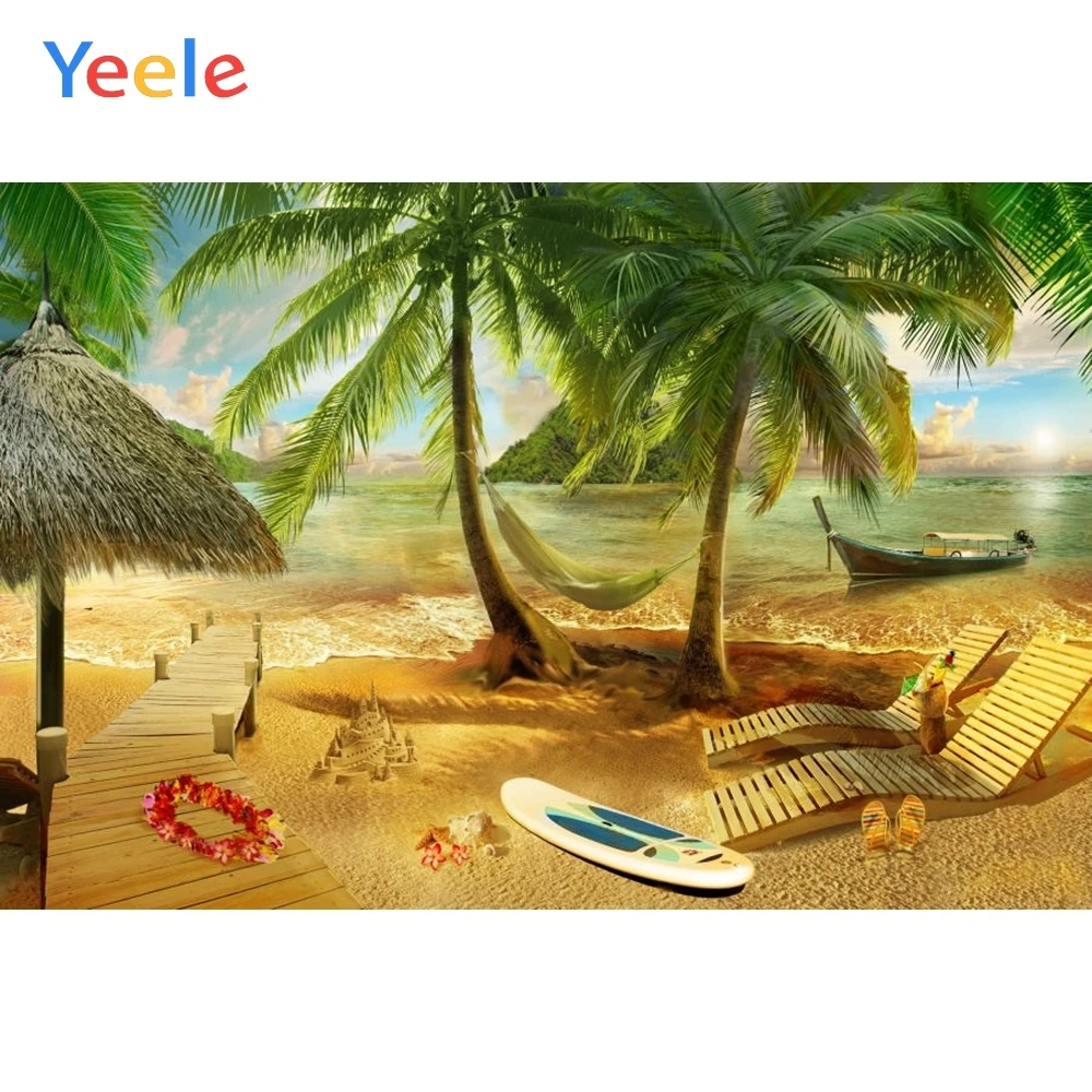 Летние вечерние фоны для фотосъемки с тропическим морем пляжем Surfboard лодкой