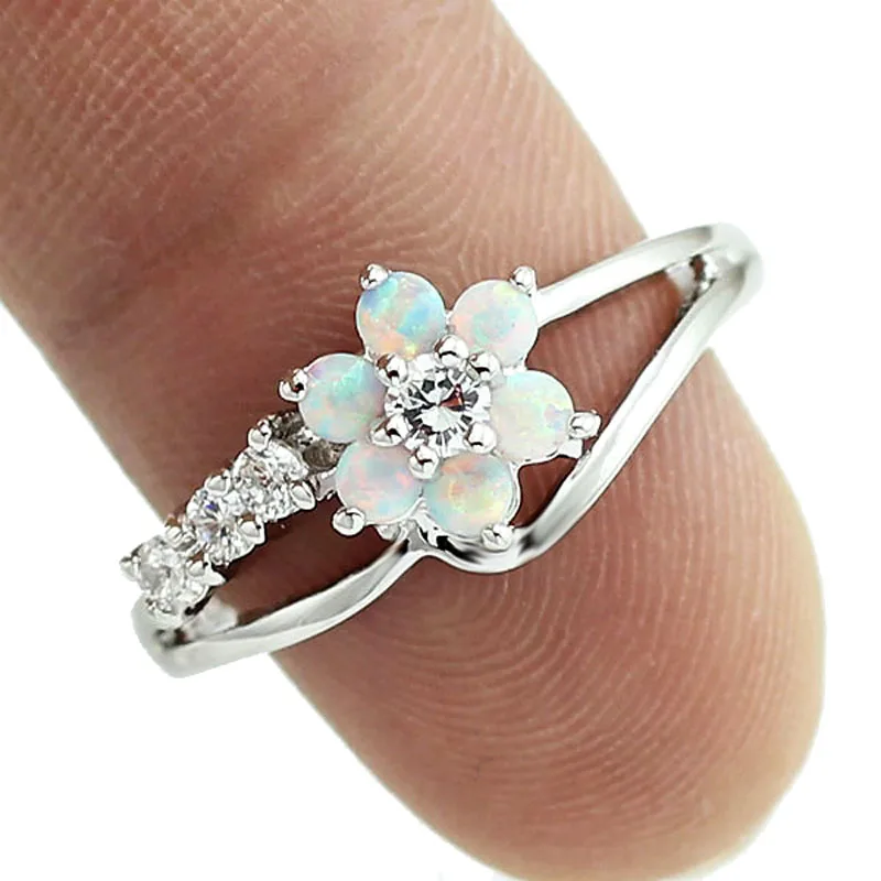 Синий/розовый/белый огненный опал кольца в форме цветов для девочек и женщин S11W |