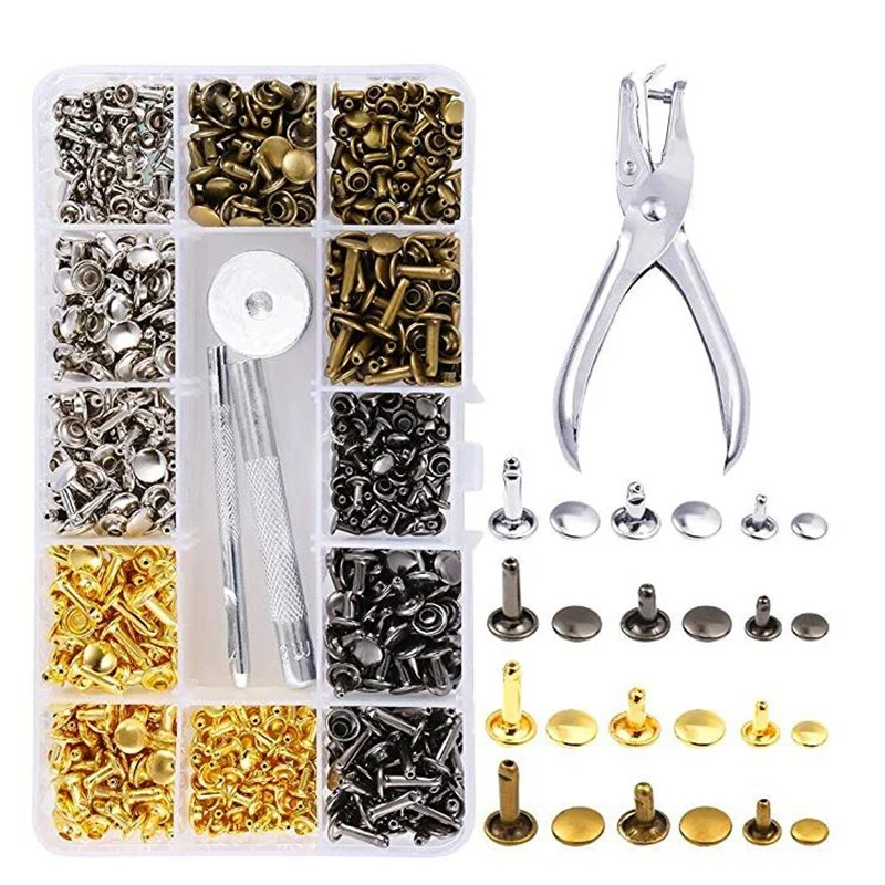 

360Pcs 3 Sizes Leather Rivets Double Cap Rivet Tubular Metal Studs with 4 Fixing Set Tools for Diy Leather Craft, 4 Colors (Gold