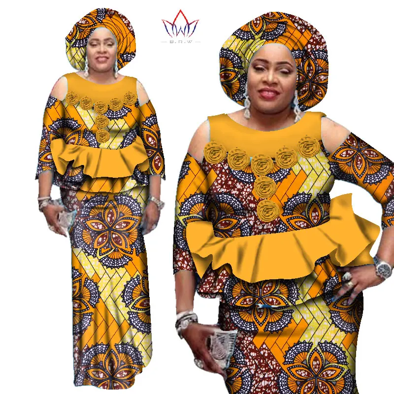 

African Dashiki Two Pieces Set Women Half Sleeve Crop Tops & Long Skirt Sets African Mermaid Maxi Clothing 6XL BRW WY2544